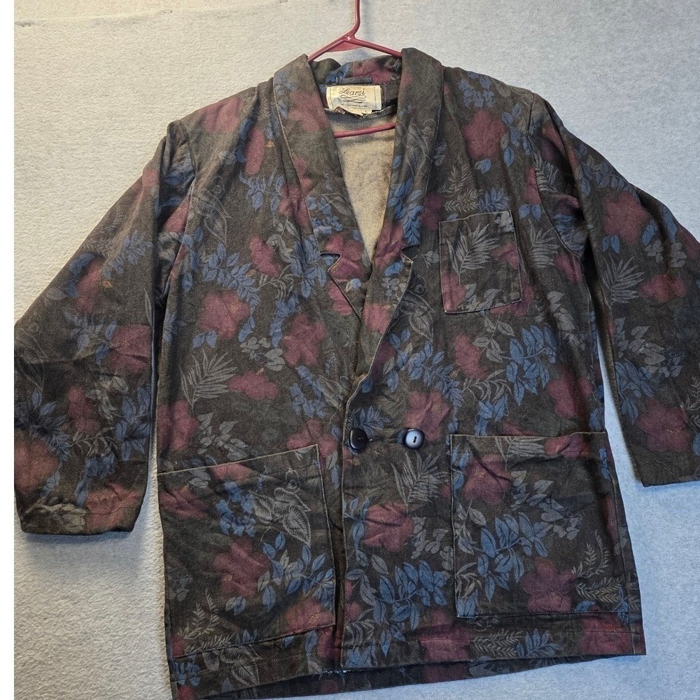 Learsi Vintage Floral Denim Blazer‎ Jacket Cotton Shoulder Pads Dark Wash Large